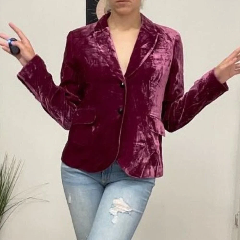 Philippe Adec Button-Up Velvet Blazer Jacket Long Sleeve Size 8 Purple